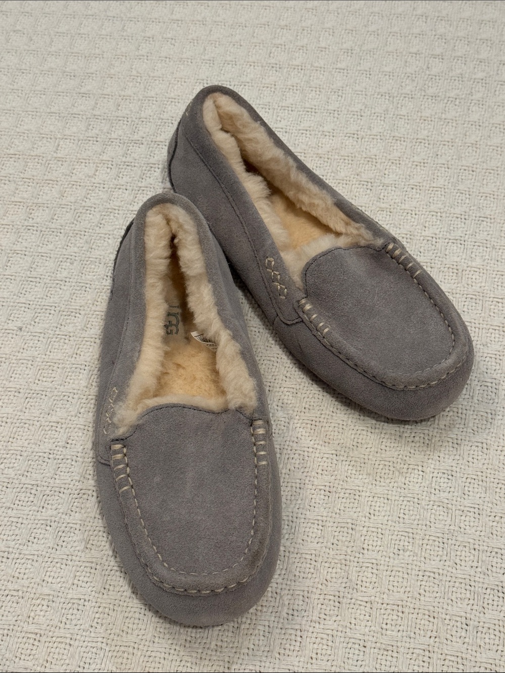 UGG Ansley Grey Suede Moccasin Slippers with Shearling Lining